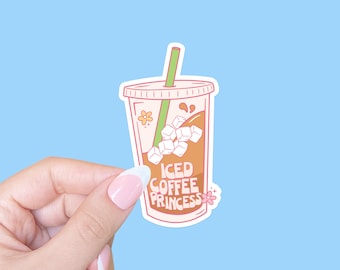 Etiqueta engomada de la princesa del café helado, etiqueta engomada del amante del café helado, etiqueta engomada del café, etiqueta engomada del adicto a la cafeína, regalo para los amantes del café, etiqueta engomada del ordenador portátil