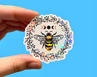 Moon phases and bee holographic sticker | Floral sticker | Die-cut sticker | Laptop sticker | Phone sticker | Cute bee sticker