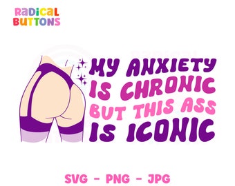Mental Health SVG PNG JPG, Funny Mental Health, Mental Health Awareness, Anxiety Svg, Anxiety is chronic this ass is iconic, Therapist Svg