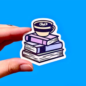 Book lover sticker | Books and coffee | Pile of books sticker | Sticker for readers | Holographic sticker | Laptop sticker | Phone sticker