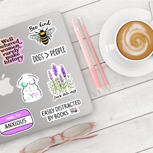 May include: A laptop covered in stickers, including a bee with "Bee kind" text, a lavender plant, and the phrase "Dogs > People." A cup of coffee, pencils, and glasses are also present.