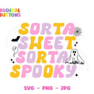 Puede incluir: Un dise&ntilde;o gr&aacute;fico colorido con el texto "Sorta Sweet Sorta Spooky" en rosa, amarillo y morado. El dise&ntilde;o incluye un fantasma, un murci&eacute;lago y una telara&ntilde;a.