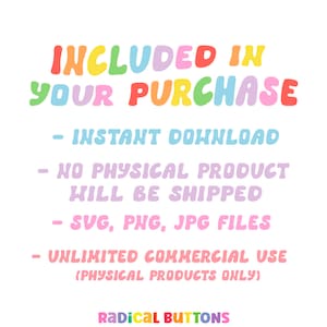 Może przedstawiać: Kolorowa grafika z tekstem "INCLUDED IN YOUR PURCHASE" w kolorach tęczy. Tekst poniżej zawiera następujące informacje: "INSTANT DOWNLOAD", "NO PHYSICAL PRODUCT WILL BE SHIPPED", "SVG, PNG, JPG FILES", "UNLIMITED COMMERCIAL USE (PHYSICAL PRODUCTS ONLY)" oraz "RADICAL BUTTONS".