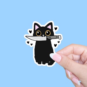 Schwarze Katze Aufkleber, Lustiger Katzen Aufkleber, Laptop Aufkleber, Katze mit Messer Aufkleber, Süßer Katzen Aufkleber, Murder Cat Aufkleber, Lustiger Aufkleber