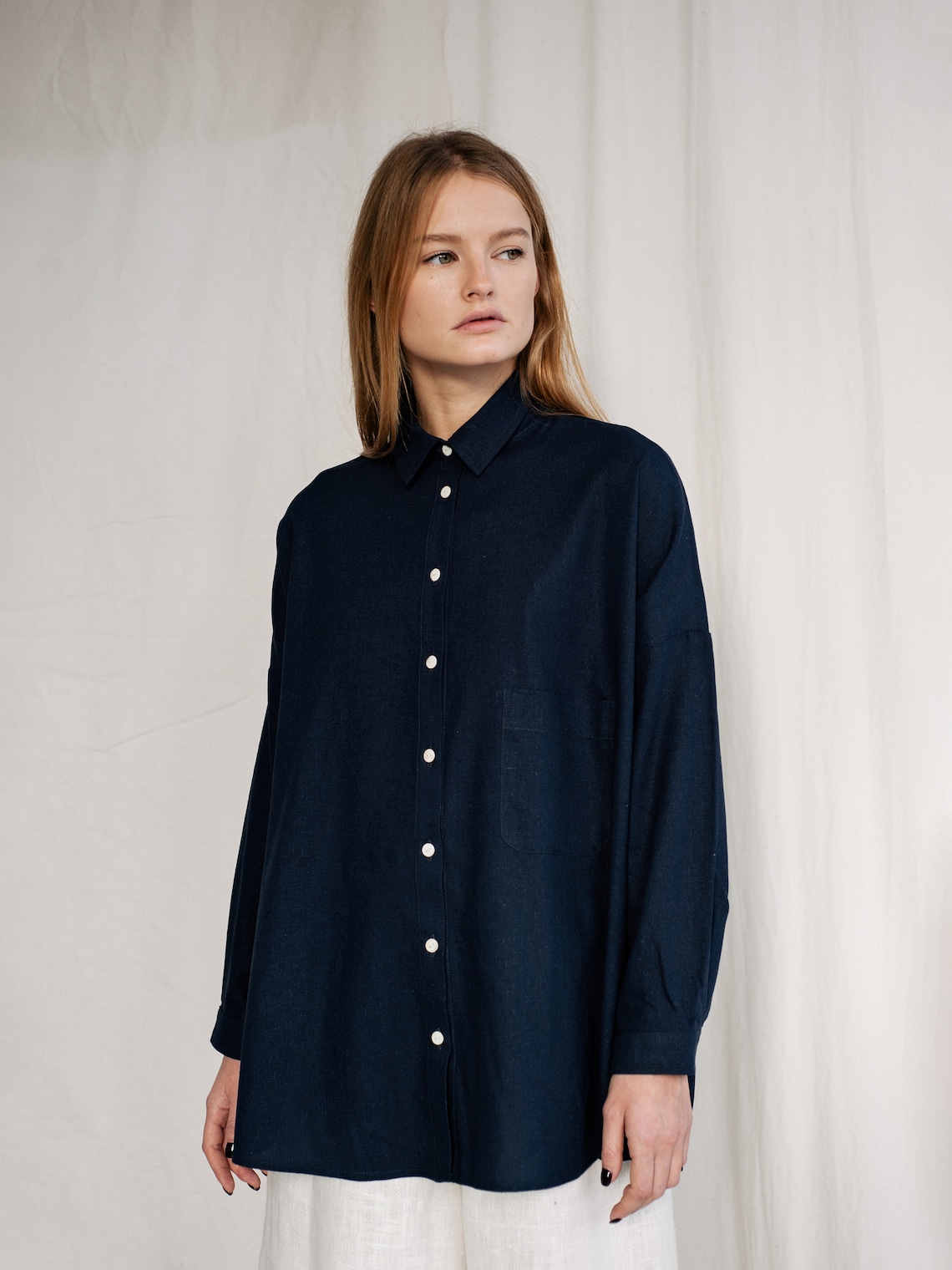 Oversized linen shirt Navy linen shirt with natural shells Etsy