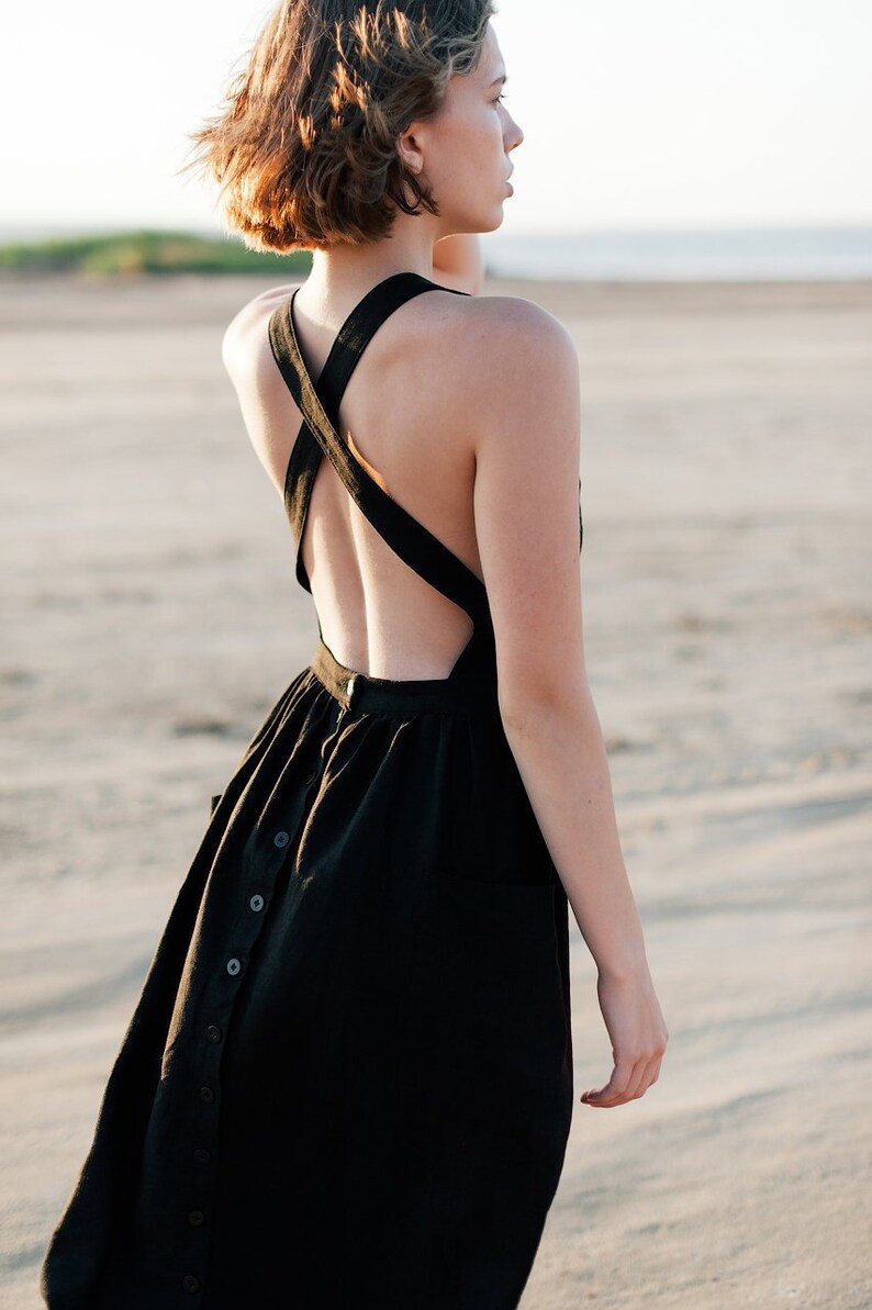 black linen pinafore dress