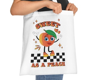 Peach Retro Tote Bag, Cute Retro Peach Character Gift Idea, Dopamine Fruit and Veggies Character Reusable Market Bag