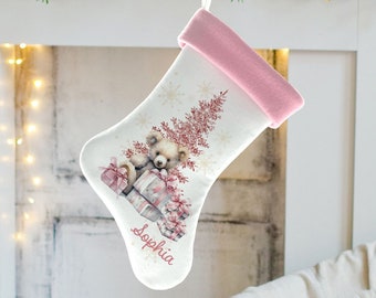 Pink Christmas Stocking for kids, Teddy Bear Stocking, Personalized Christmas stocking with name