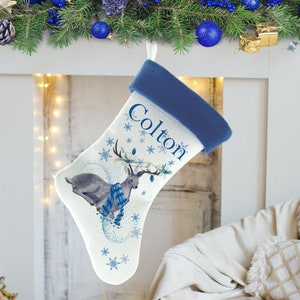 Blue Christmas Stocking with Name, Reindeer Stocking for Men, Blue Reindeer Winter Forest Stocking, Blue Christmas Decor