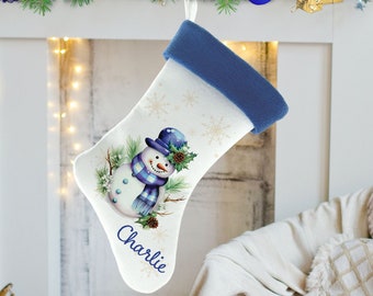 Blue Snowman Christmas Stocking with Personalized Name, Blue and White Christmas Stocking, Snowman Stocking, Handmade Christmas Stocking