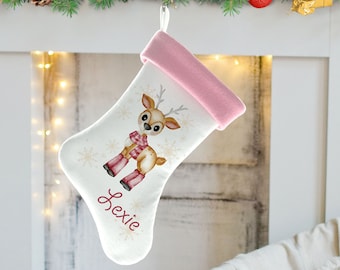 Personalized Christmas Stocking for Girls, Pink Christmas Stocking, Custom Name Stocking, Deer Christmas Stocking