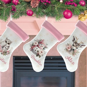 Pink Christmas Stockings, Winter Forest Creatures, Personalized Christmas stockings, Pastel Christmas Stockings, Matching Christmas stocking