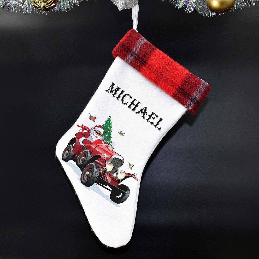 Personalized Christmas Stocking for Men, Hot Rod Santa Race Car Christmas Stocking With Name