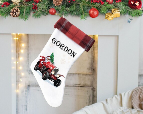Personalized Christmas Stocking for Men Hot Rod Santa Race Car Christmas Stocking With Name Gift for Dad Large Holiday Stocking for Boys Etsy