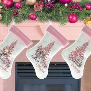 Pink Christmas Stocking Matching sets with Trees, Personalized Christmas Stockings with Names, Pastel Christmas Stockings
