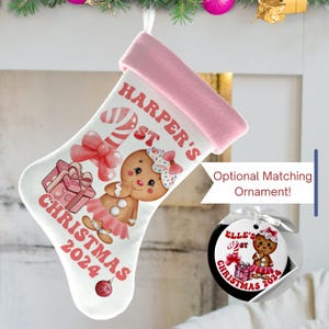 Baby Girl&#39;s First Christmas Stocking Personalized Name and Year with Gingerbread Girl