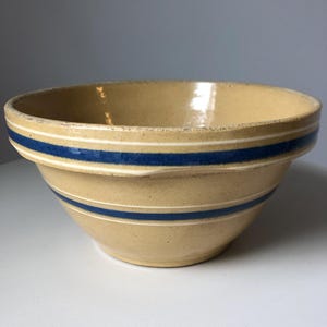 Antique Yellow-Ware Mixing Bowl 8.5&quot; Blue and White Stripes Pottery