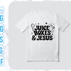 May include: White t-shirt with a black graphic design that says "Juice Boxes & Jesus" with a cross and a juice box.