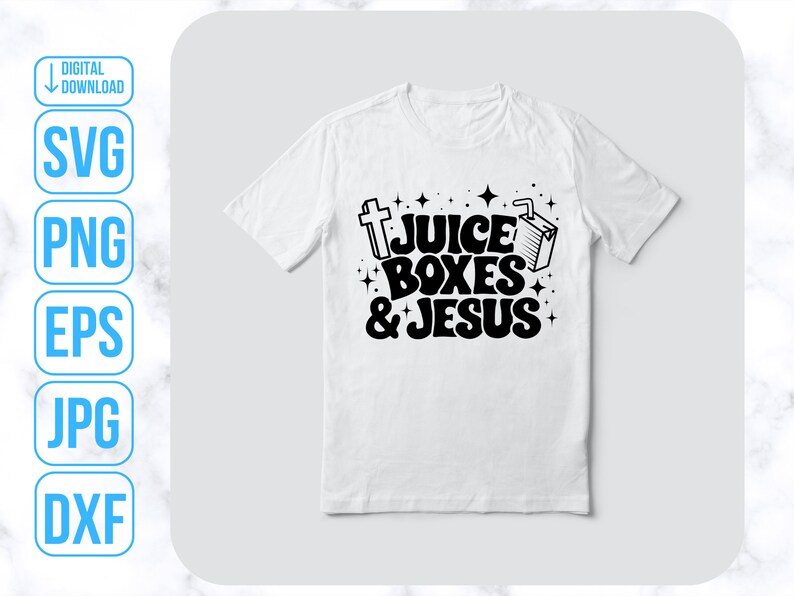 May include: White t-shirt with a black graphic design that says "Juice Boxes & Jesus" with a cross and a juice box.