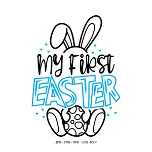 May include: A black and white illustration of a bunny rabbit with blue bunny ears and a blue egg with white polka dots. The text "my first easter" is written in black with a blue outline.