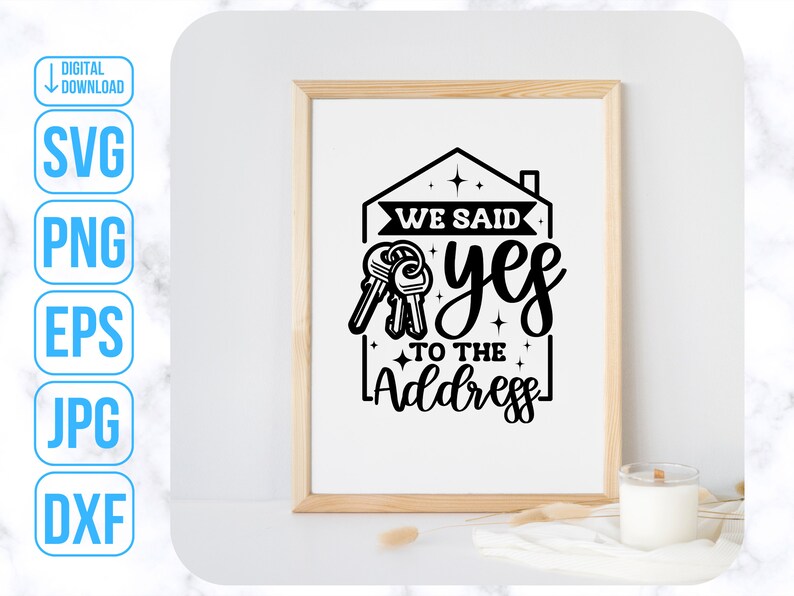 Op de afbeelding: Zwart-wit grafisch ontwerp met een huisvorm en sleutels. De tekst luidt "We said yes to the address".
