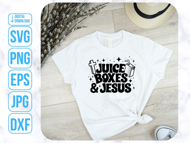 May include: White t-shirt with a black graphic design that says "Juice Boxes & Jesus" with a cross and a juice box.