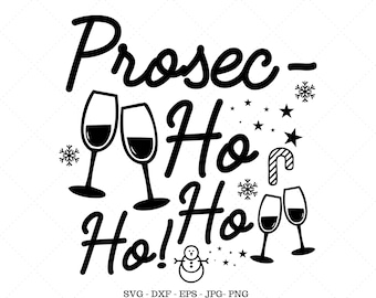 May include: Black and white graphic design with the text "Prosecco Ho Ho! Ho!" and images of champagne glasses, snowflakes, a candy cane, and a snowman.