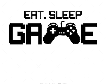 Könnte beinhalten: Schwarzweißes Grafikdesign mit pixeligem Text, der "Eat. Sleep. Game." lautet. Ein schwarzweißer Videospiel-Controller befindet sich in der Mitte des Textes.
