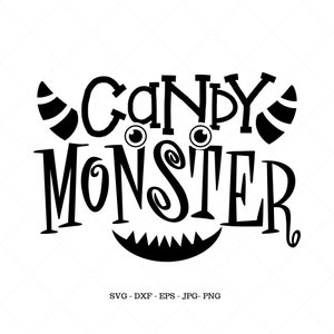 May include: Black and white graphic design with the text "Candy Monster" in a playful font. The design features two horns, two eyes, and a toothy grin.
