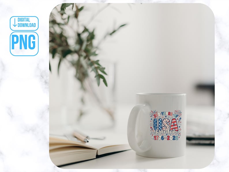 May include: A white ceramic mug with a patriotic design. The mug features the text "USA freedom 1776-2023" in red, white, and blue, with a festive fireworks design. The mug is on a white surface.