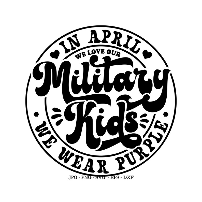 Puede incluir: Dise&ntilde;o de c&iacute;rculo en blanco y negro con el texto "En abril amamos a nuestros ni&ntilde;os militares, usamos morado".