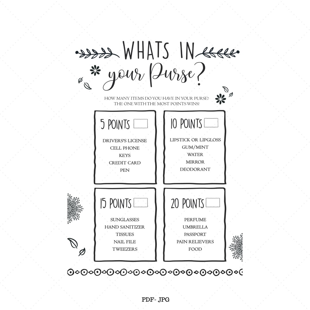Printable Baby Game, What's in Your Purse, Shower Games, Unique Game, Purse Games, Bridal Shower ...