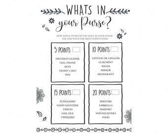 Printable Baby Game, What's in Your Purse, Shower Games, Unique Game, Purse Games, Bridal Shower Game, Instant Download