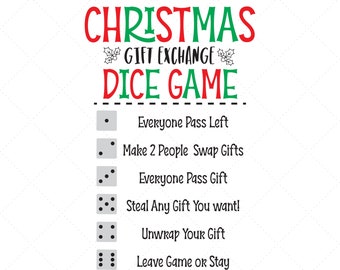 May include: A printable Christmas gift exchange dice game with instructions for what to do based on the number rolled. The instructions include: Everyone Pass Left, Make 2 People Swap Gifts, Everyone Pass Gift, Steal Any Gift You Want!, Unwrap Your Gift, Leave Game or Stay.