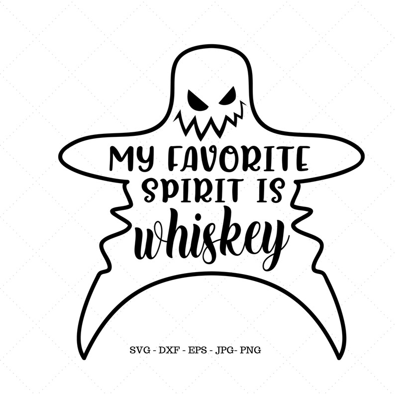 K&ouml;nnte beinhalten: Schwarz-wei&szlig;-Illustration eines Geistes mit einem gruseligen Gesicht. Der Geist sagt "Mein Lieblingsgeist ist Whiskey".