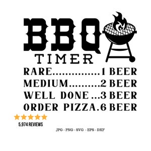 May include: Black and white graphic design with the text "BBQ TIMER" and a grill with flames. The graphic also includes a list of doneness levels for meat with corresponding beer counts: "RARE...1 BEER", "MEDIUM...2 BEER", "WELL DONE...3 BEER", "ORDER PIZZA...6 BEER".