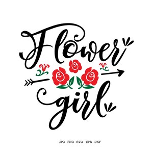 May include: Black and white calligraphy text that reads "Flower girl" with three red roses and green leaves. The text is surrounded by arrows.