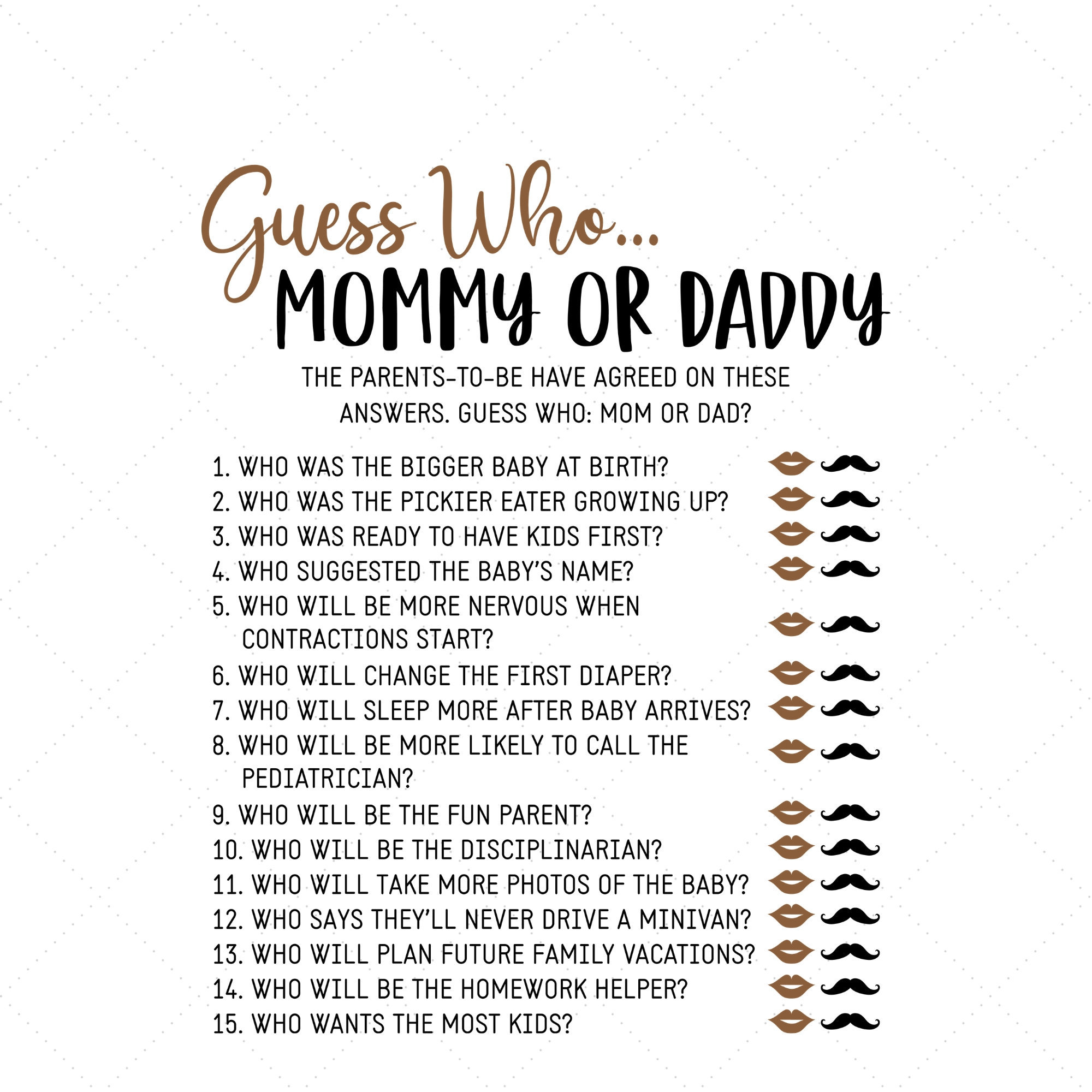 Guess Who Game Mommy Or Daddy Set Of 50 Cards Baby Shower Game And 
