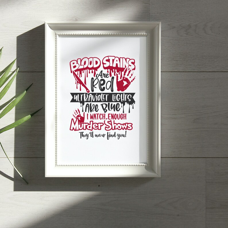 May include: White framed print with red text that reads "Blood Stains Are Red Ultraviolet Lights Take Blue I Watch Enough Murder Shows They'll Never Find You!"