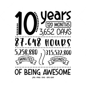 10 chemise, 10e anniversaire cadeau, 10 ans anniversaire, dixième anniversaire, dix, filles 10e anniversaire, 10 PNG, 10e anniversaire Svg