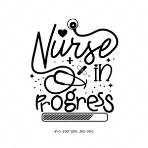 May include: Black and white graphic design with the text "Nurse in progress" and a progress bar. The design includes a stethoscope, a bandage, and hearts.