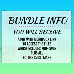 Może przedstawiać: Grafika w kolorze r&oacute;żowym i białym z tekstem "BUNDLE INFO" i "YOU WILL RECEIVE" w kolorze czarnym. Tekst poniżej brzmi "A PDF with a Dropbox link to access the files which includes 700+ SVGs plus all future SVGs I make."