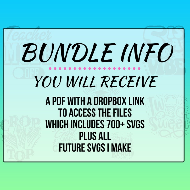 Może przedstawiać: Grafika w kolorze r&oacute;żowym i białym z tekstem "BUNDLE INFO" i "YOU WILL RECEIVE" w kolorze czarnym. Tekst poniżej brzmi "A PDF with a Dropbox link to access the files which includes 700+ SVGs plus all future SVGs I make."