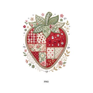 Könnte beinhalten: Ein digitales Stickmuster einer Erdbeere mit einem Patchwork-Muster aus rotem Vichy-Karo, Blumenmustern und Herzmotiven. Die Erdbeere ist mit roten und klaren Strasssteinen verziert und von kleinen gestickten Blumen und Blättern umgeben.