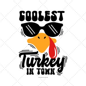 May include: A Thanksgiving-themed graphic design featuring a cartoon turkey wearing sunglasses with the text "Coolest Turkey in Town".