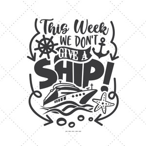 Op de afbeelding: Zwart-wit grafisch ontwerp met de tekst "This Week We Don't Give A Ship!" met een schip, anker en een zeester.
