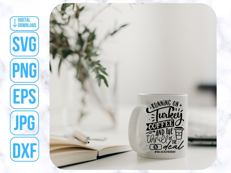 K&ouml;nnte beinhalten: Eine wei&szlig;e Keramiktasse mit schwarzem Text, der "Running on Turkey Coffee and the thrill of the deal #BlackFriday" lautet.