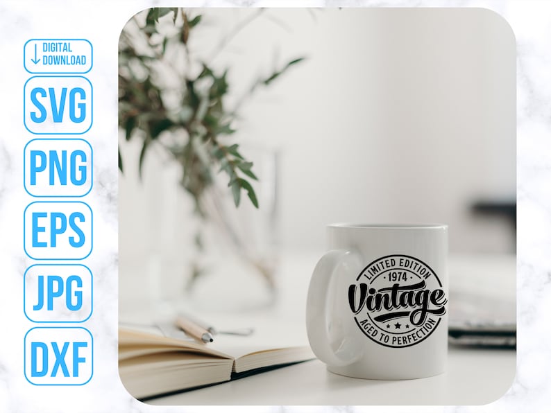 May include: White ceramic mug with a black circle design that says "Limited Edition - 1974 - Vintage Aged to Perfection".