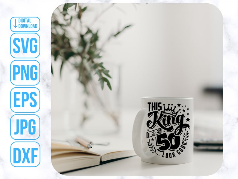 May include: White ceramic mug with a black design that says "This King Makes 50 Look Good".