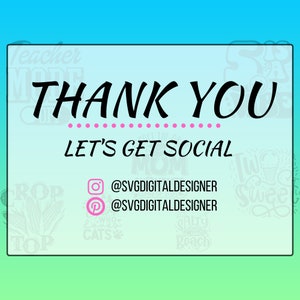 Może przedstawiać: R&oacute;żowo-czarna grafika z tekstem "THANK YOU" i "LET'S GET SOCIAL".  Ikony medi&oacute;w społecznościowych dla Instagrama i Pinteresta z nazwą użytkownika "@SVGDIGITALDESIGNER".